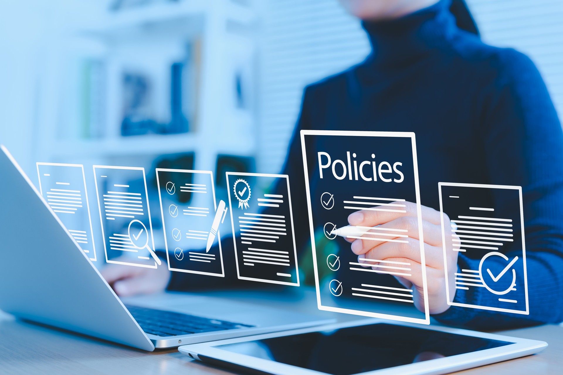 Policy documentation and compliance concept. Businesswoman reviews digital document Policies with icons, checklists, certifications, and financial detail. policy management, regulatory compliance,
